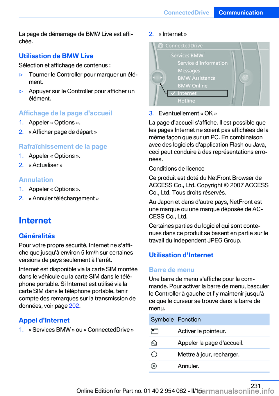 BMW Z4 2016 Notices Demploi (in French) La page de démarrage de BMW Live est affi‐
chée.
Utilisation de BMW Live
Sélection et affichage de contenus :▷Tourner le Controller pour marquer un élé‐
ment.▷Appuyer sur le Controller po BMW Z4 2016 Notices Demploi (in French) La page de démarrage de BMW Live est affi‐
chée.
Utilisation de BMW Live
Sélection et affichage de contenus :▷Tourner le Controller pour marquer un élé‐
ment.▷Appuyer sur le Controller po