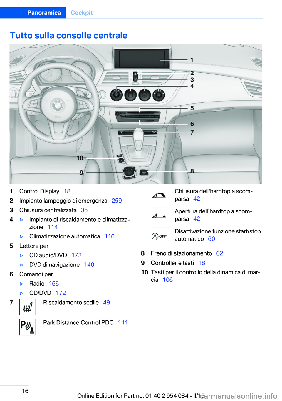 BMW Z4 2016 Libretti Di Uso E manutenzione (in Italian) Tutto sulla consolle centrale1Control Display 182Impianto lampeggio di emergenza 2593Chiusura centralizzata 354▷Impianto di riscaldamento e climatizza‐
zione 114▷Climatizza BMW Z4 2016 Libretti Di Uso E manutenzione (in Italian) Tutto sulla consolle centrale1Control Display 182Impianto lampeggio di emergenza 2593Chiusura centralizzata 354▷Impianto di riscaldamento e climatizza‐
zione 114▷Climatizza