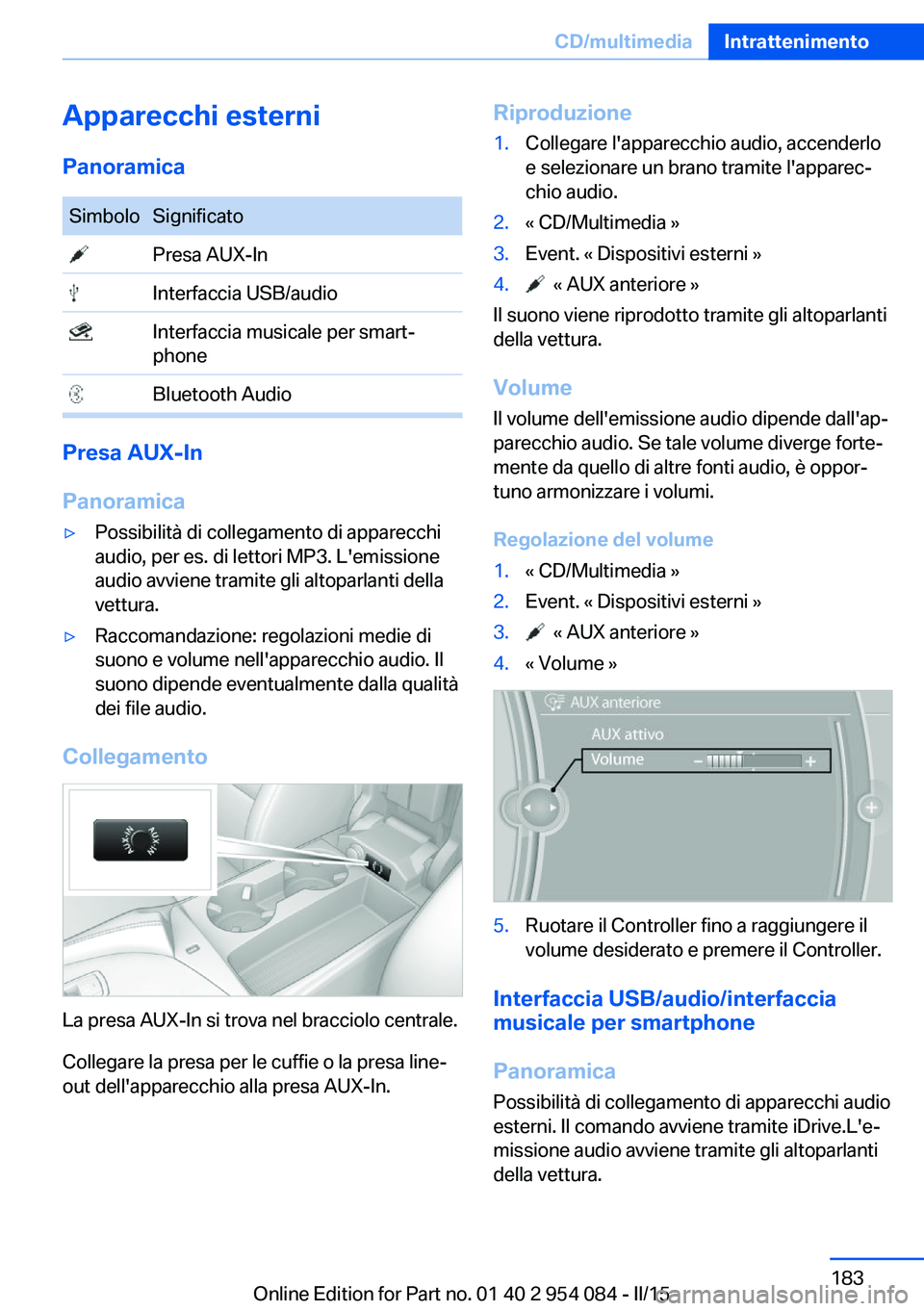 BMW Z4 2016 Libretti Di Uso E manutenzione (in Italian) Apparecchi esterniPanoramicaSimboloSignificato Presa AUX-In Interfaccia USB/audio Interfaccia musicale per smart‐
phone Bluetooth Audio
Presa AUX-In
Panoramica
▷Possibilità di collegamento di app BMW Z4 2016 Libretti Di Uso E manutenzione (in Italian) Apparecchi esterniPanoramicaSimboloSignificato Presa AUX-In Interfaccia USB/audio Interfaccia musicale per smart‐
phone Bluetooth Audio
Presa AUX-In
Panoramica
▷Possibilità di collegamento di app