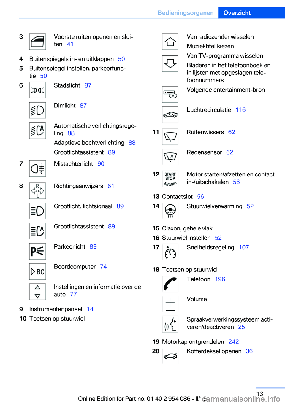 BMW Z4 2016 Instructieboekjes (in Dutch) 3Voorste ruiten openen en slui‐
ten 414Buitenspiegels in- en uitklappen 505Buitenspiegel instellen, parkeerfunc‐
tie 506Stadslicht 87Dimlicht 87Automatische verlichtin BMW Z4 2016 Instructieboekjes (in Dutch) 3Voorste ruiten openen en slui‐
ten 414Buitenspiegels in- en uitklappen 505Buitenspiegel instellen, parkeerfunc‐
tie 506Stadslicht 87Dimlicht 87Automatische verlichtin