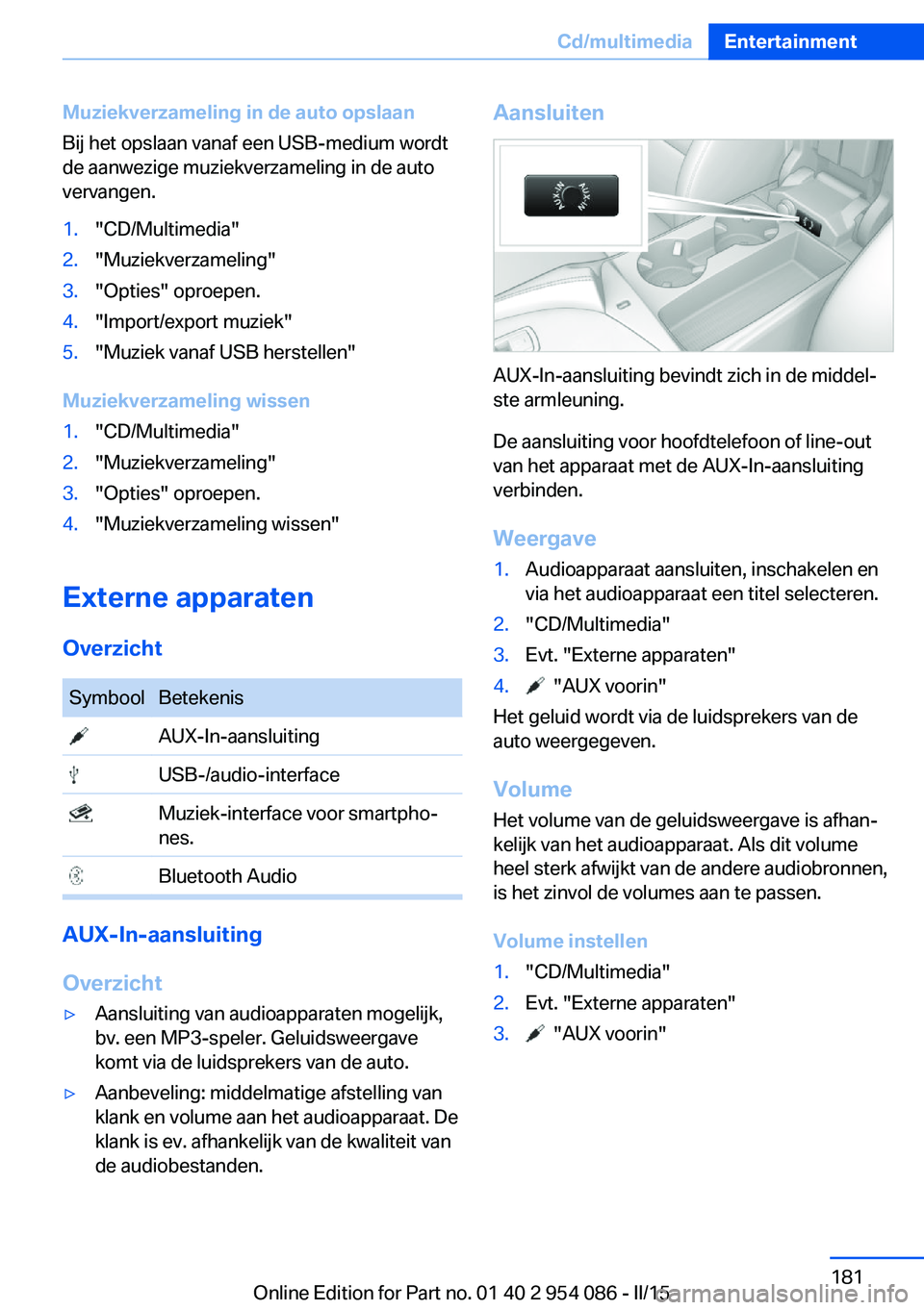 BMW Z4 2016 Instructieboekjes (in Dutch) Muziekverzameling in de auto opslaan
Bij het opslaan vanaf een USB-medium wordt
de aanwezige muziekverzameling in de auto
vervangen.1."CD/Multimedia"2."Muziekverzameling"3."Opties& BMW Z4 2016 Instructieboekjes (in Dutch) Muziekverzameling in de auto opslaan
Bij het opslaan vanaf een USB-medium wordt
de aanwezige muziekverzameling in de auto
vervangen.1."CD/Multimedia"2."Muziekverzameling"3."Opties&
