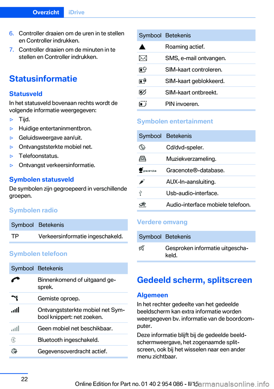 BMW Z4 2016  Instructieboekjes (in Dutch) 6.Controller draaien om de uren in te stellen
en Controller indrukken.7.Controller draaien om de minuten in te
stellen en Controller indrukken.
Statusinformatie
Statusveld
In het statusveld bovenaan r