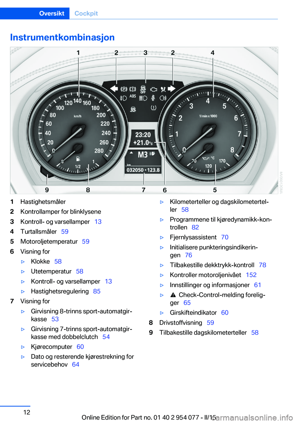 BMW Z4 2016  InstruksjonsbØker (in Norwegian) Instrumentkombinasjon1Hastighetsmåler2Kontrollamper for blinklysene3Kontroll- og varsellamper  134Turtallsmåler  595Motoroljetemperatur   596Visning for▷Klokke  58▷Utetemperatur�