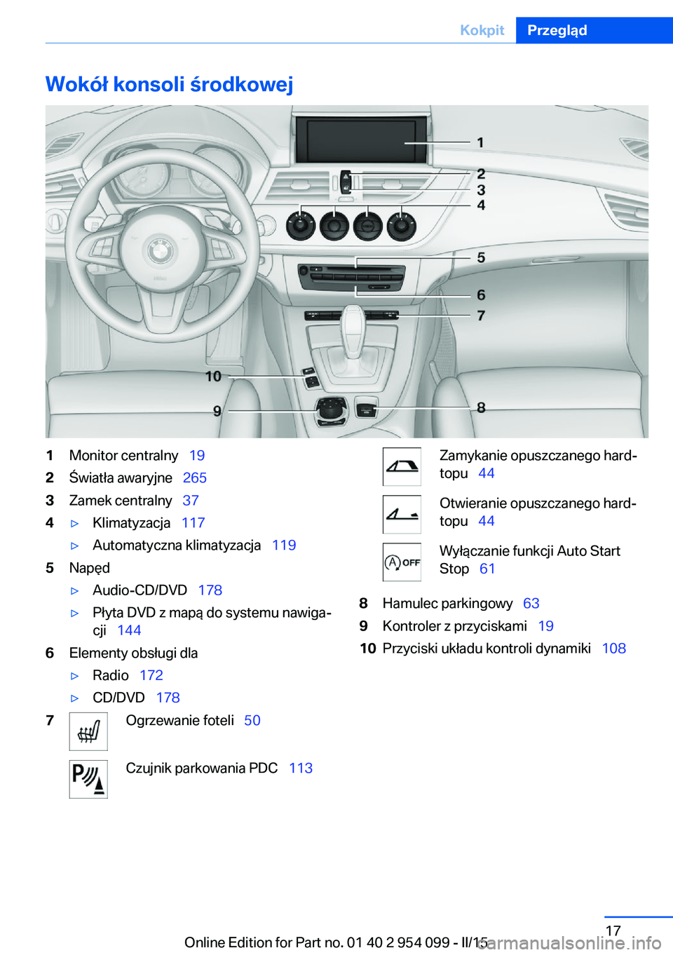 BMW Z4 2016  Instrukcja obsługi (in Polish) Wokół konsoli środkowej1Monitor centralny  192Światła awaryjne  2653Zamek centralny  374▷Klimatyzacja  117▷Automatyczna klimatyzacja   1195Napęd▷Audio-CD/DVD  178�