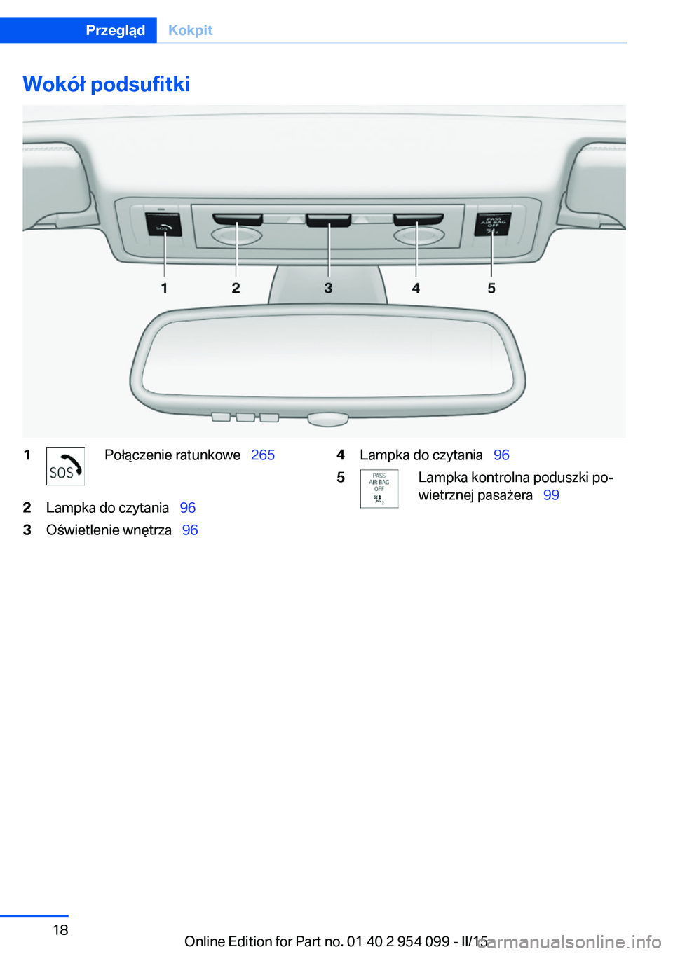 BMW Z4 2016 Instrukcja obsługi (in Polish) Wokół podsufitki1Połączenie ratunkowe 2652Lampka do czytania 963Oświetlenie wnętrza 964Lampka do czytania 965Lampka kontrolna poduszki po‐
wietrznej pasażera 99Seit BMW Z4 2016 Instrukcja obsługi (in Polish) Wokół podsufitki1Połączenie ratunkowe 2652Lampka do czytania 963Oświetlenie wnętrza 964Lampka do czytania 965Lampka kontrolna poduszki po‐
wietrznej pasażera 99Seit