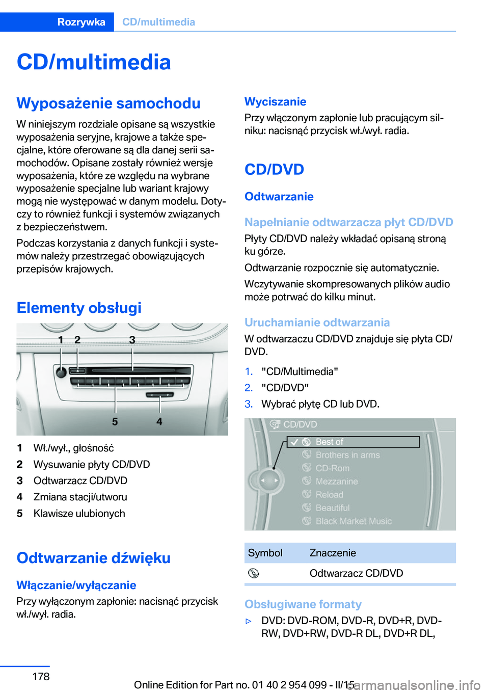 BMW Z4 2016 Instrukcja obsługi (in Polish) CD/multimediaWyposażenie samochoduW niniejszym rozdziale opisane są wszystkie
wyposażenia seryjne, krajowe a także spe‐
cjalne, które oferowane są dla danej serii sa‐
mochodów. Opisane zost BMW Z4 2016 Instrukcja obsługi (in Polish) CD/multimediaWyposażenie samochoduW niniejszym rozdziale opisane są wszystkie
wyposażenia seryjne, krajowe a także spe‐
cjalne, które oferowane są dla danej serii sa‐
mochodów. Opisane zost