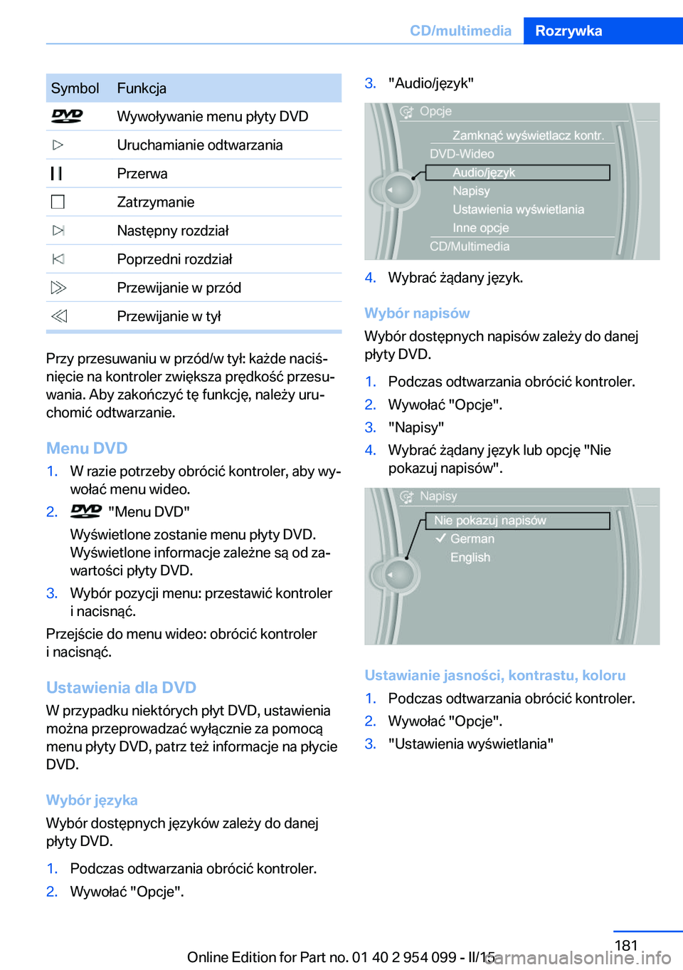 BMW Z4 2016  Instrukcja obsługi (in Polish) SymbolFunkcja Wywoływanie menu płyty DVD Uruchamianie odtwarzania Przerwa Zatrzymanie Następny rozdział Poprzedni rozdział Przewijanie w przód Przewijanie w tył
Przy przesuwaniu w przód/w tył