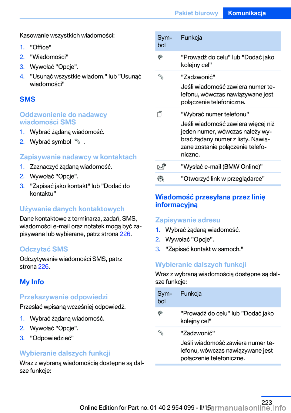 BMW Z4 2016 Instrukcja obsługi (in Polish) Kasowanie wszystkich wiadomości:1."Office"2."Wiadomości"3.Wywołać "Opcje".4."Usunąć wszystkie wiadom." lub "Usunąć
wiadomości"
SMS
Oddzwonienie do nada BMW Z4 2016 Instrukcja obsługi (in Polish) Kasowanie wszystkich wiadomości:1."Office"2."Wiadomości"3.Wywołać "Opcje".4."Usunąć wszystkie wiadom." lub "Usunąć
wiadomości"
SMS
Oddzwonienie do nada