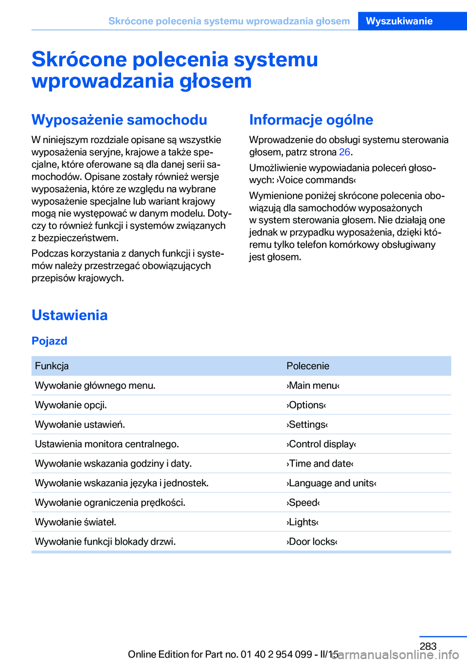 BMW Z4 2016 Instrukcja obsługi (in Polish) Skrócone polecenia systemuwprowadzania głosemWyposażenie samochodu
W niniejszym rozdziale opisane są wszystkie
wyposażenia seryjne, krajowe a także spe‐
cjalne, które oferowane są dla danej BMW Z4 2016 Instrukcja obsługi (in Polish) Skrócone polecenia systemuwprowadzania głosemWyposażenie samochodu
W niniejszym rozdziale opisane są wszystkie
wyposażenia seryjne, krajowe a także spe‐
cjalne, które oferowane są dla danej