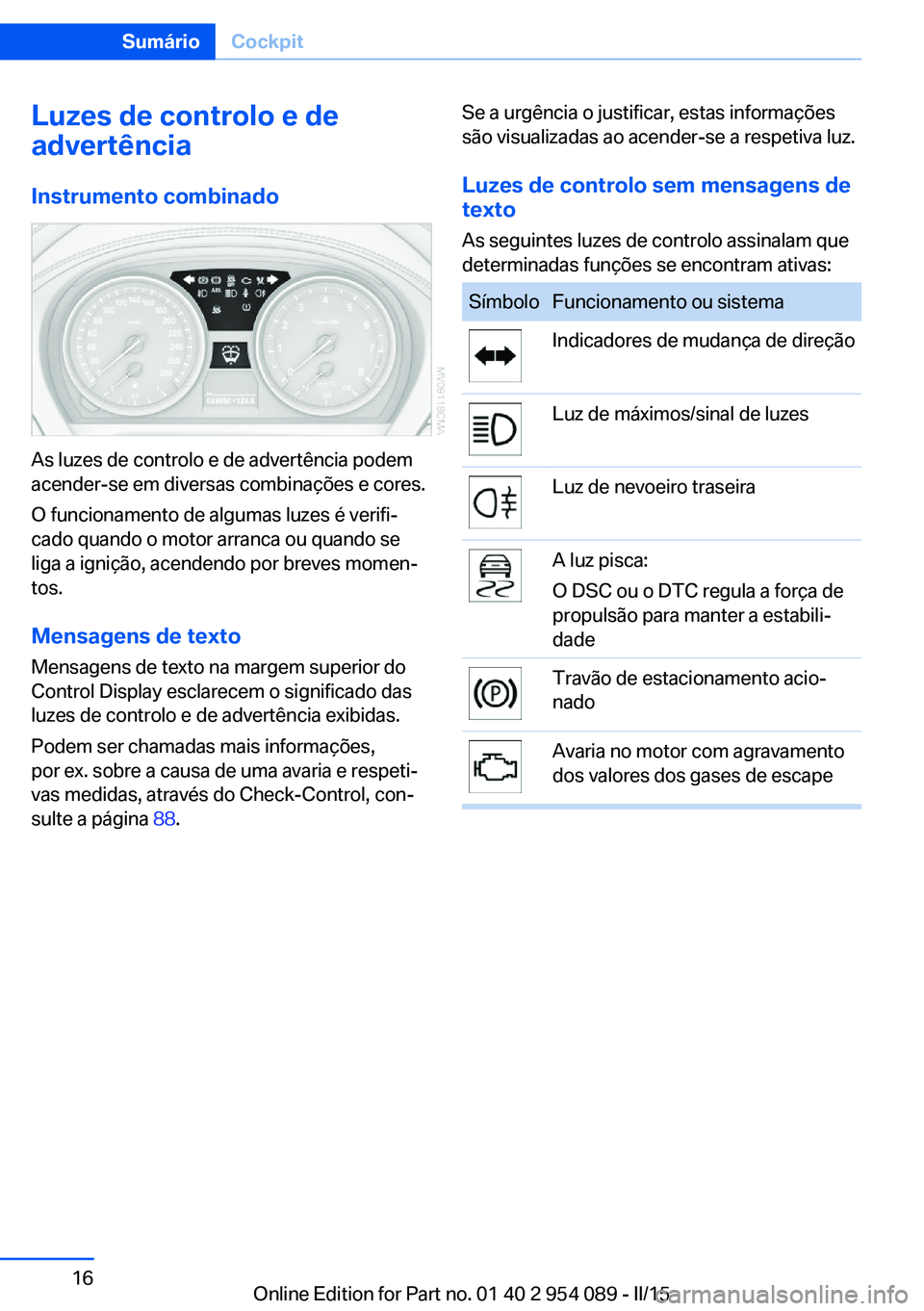 BMW Z4 2016  Manual do condutor (in Portuguese) Luzes de controlo e de
advertência
Instrumento combinado
As luzes de controlo e de advertência podem
acender-se em diversas combinações e cores.
O funcionamento de algumas luzes é verifi‐
cado 