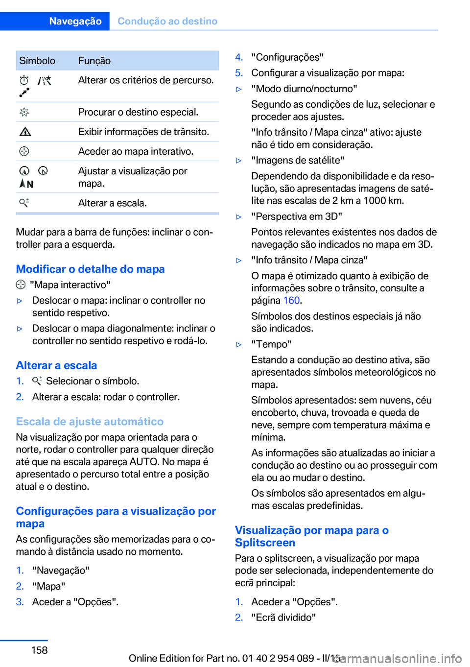 BMW Z4 2016 Manual do condutor (in Portuguese) SímboloFunção
Alterar os critérios de percurso. Procurar o destino especial. Exibir informações de trânsito. Aceder ao mapa interativo.
Ajustar a visualização por
mapa. Alte BMW Z4 2016 Manual do condutor (in Portuguese) SímboloFunção
Alterar os critérios de percurso. Procurar o destino especial. Exibir informações de trânsito. Aceder ao mapa interativo.
Ajustar a visualização por
mapa. Alte