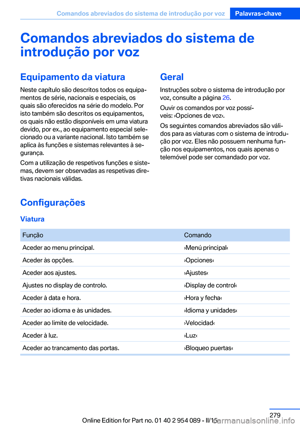 BMW Z4 2016 Manual do condutor (in Portuguese) Comandos abreviados do sistema de
introdução por vozEquipamento da viatura Neste capítulo são descritos todos os equipa‐
mentos de série, nacionais e especiais, os
quais são oferecidos na sér BMW Z4 2016 Manual do condutor (in Portuguese) Comandos abreviados do sistema de
introdução por vozEquipamento da viatura Neste capítulo são descritos todos os equipa‐
mentos de série, nacionais e especiais, os
quais são oferecidos na sér