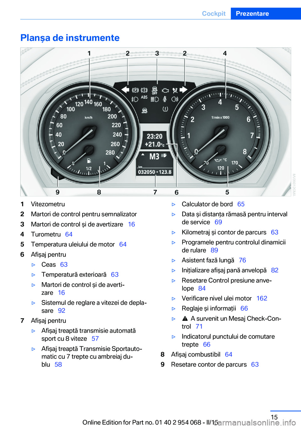 BMW Z4 2016  Ghiduri De Utilizare (in Romanian) Planşa de instrumente1Vitezometru2Martori de control pentru semnalizator3Martori de control şi de avertizare  164Turometru  645Temperatura uleiului de motor   646Afişaj pentru▷Ceas 
