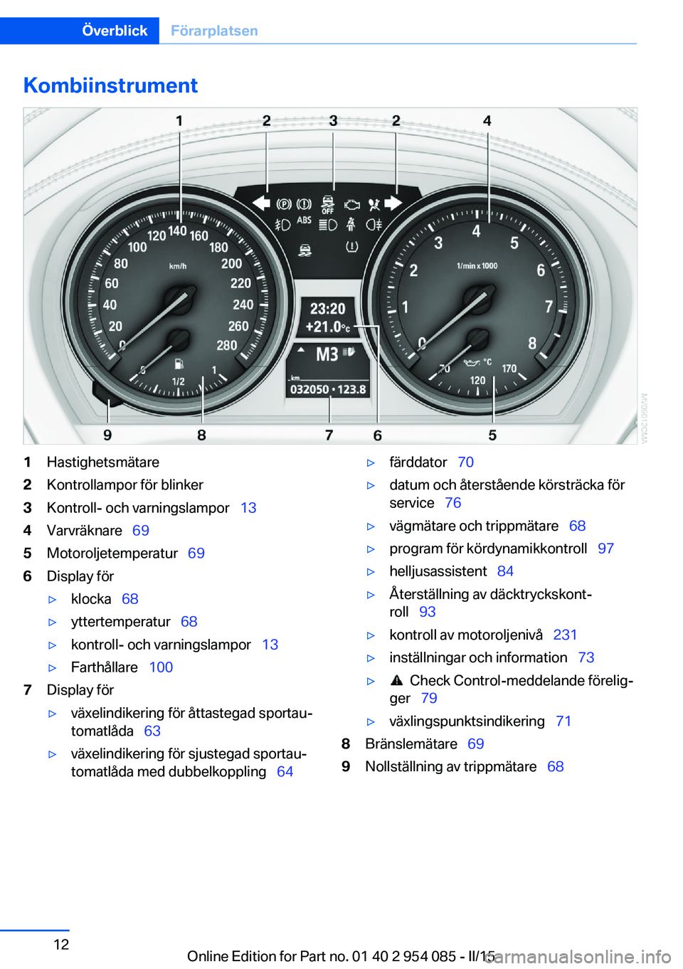 BMW Z4 2016 InstruktionsbÖcker (in Swedish) Kombiinstrument1Hastighetsmätare2Kontrollampor för blinker3Kontroll- och varningslampor 134Varvräknare 695Motoroljetemperatur 696Display för▷klocka 68▷yttertemperatur BMW Z4 2016 InstruktionsbÖcker (in Swedish) Kombiinstrument1Hastighetsmätare2Kontrollampor för blinker3Kontroll- och varningslampor 134Varvräknare 695Motoroljetemperatur 696Display för▷klocka 68▷yttertemperatur