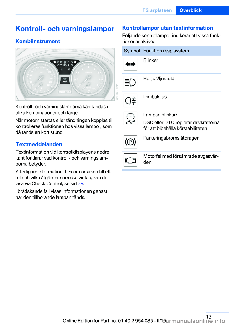 BMW Z4 2016 InstruktionsbÖcker (in Swedish) Kontroll- och varningslampor
Kombiinstrument
Kontroll- och varningslamporna kan tändas i
olika kombinationer och färger.
När motorn startas eller tändningen kopplas till
kontrolleras funktionen ho BMW Z4 2016 InstruktionsbÖcker (in Swedish) Kontroll- och varningslampor
Kombiinstrument
Kontroll- och varningslamporna kan tändas i
olika kombinationer och färger.
När motorn startas eller tändningen kopplas till
kontrolleras funktionen ho