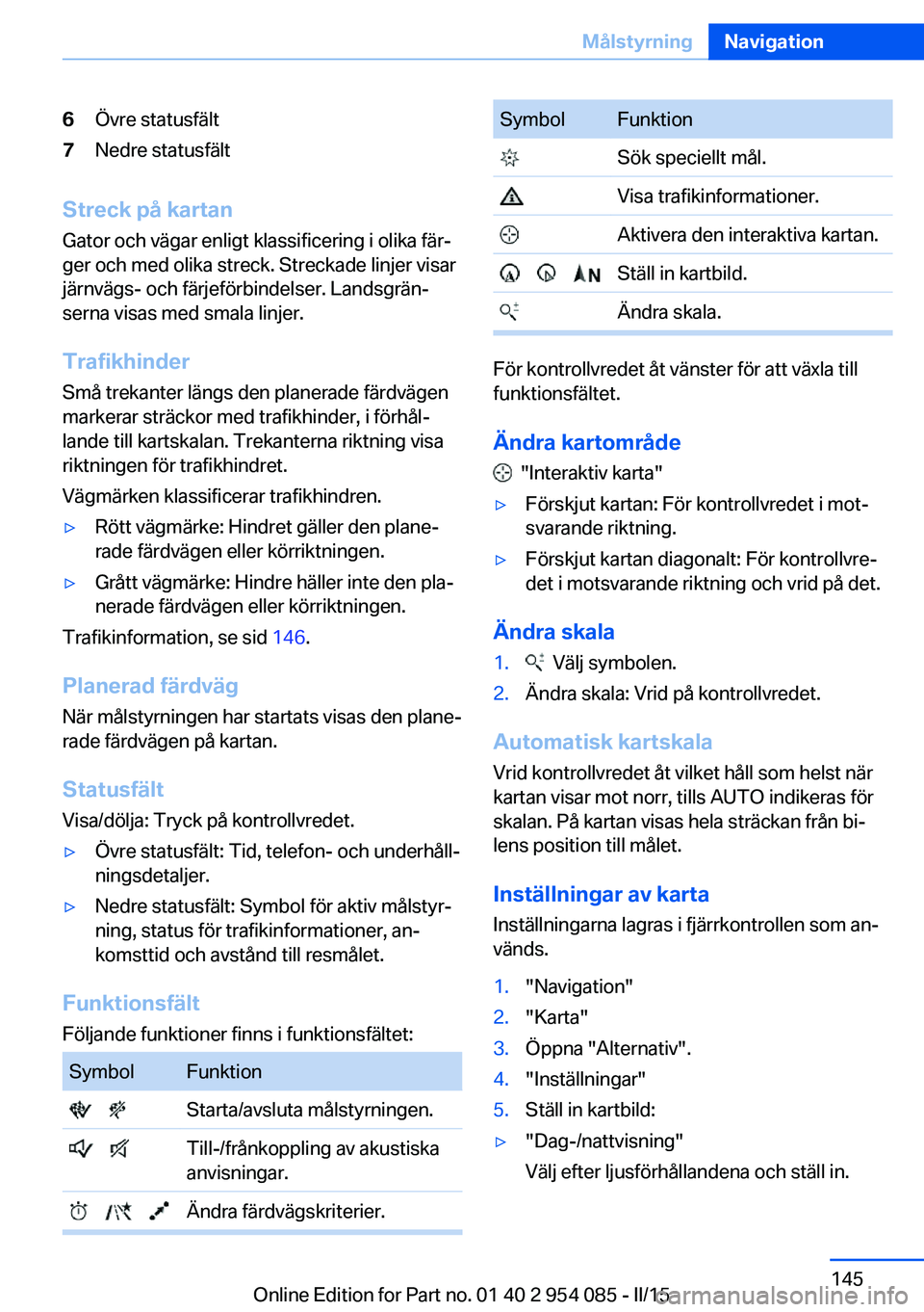 BMW Z4 2016  InstruktionsbÖcker (in Swedish) 6Övre statusfält7Nedre statusfält
Streck på kartanGator och vägar enligt klassificering i olika fär‐
ger och med olika streck. Streckade linjer visar
järnvägs- och färjeförbindelser. Lands