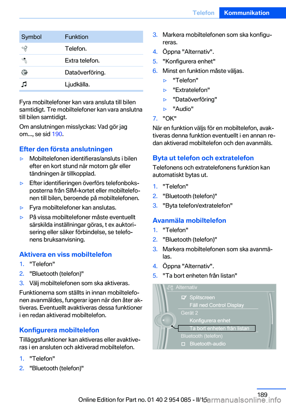 BMW Z4 2016  InstruktionsbÖcker (in Swedish) SymbolFunktion Telefon. Extra telefon. Dataöverföring. Ljudkälla.
Fyra mobiltelefoner kan vara ansluta till bilen
samtidigt. Tre mobiltelefoner kan vara anslutna
till bilen samtidigt.
Om anslutning