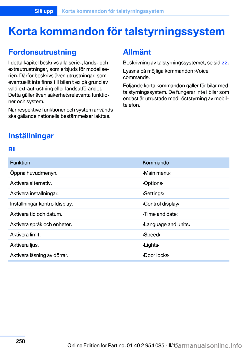 BMW Z4 2016  InstruktionsbÖcker (in Swedish) Korta kommandon för talstyrningssystemFordonsutrustningI detta kapitel beskrivs alla serie-, lands- och
extrautrustningar, som erbjuds för modellse‐
rien. Därför beskrivs även utrustningar, som