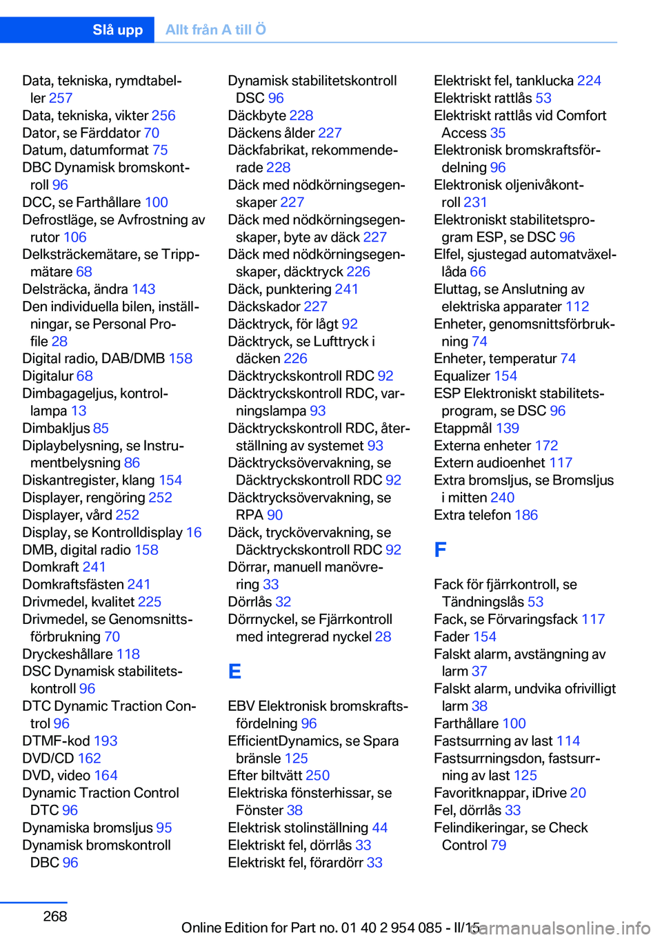 BMW Z4 2016  InstruktionsbÖcker (in Swedish) Data, tekniska, rymdtabel‐ler  257  
Data, tekniska, vikter  256 
Dator, se Färddator  70 
Datum, datumformat  75 
DBC Dynamisk bromskont‐ roll  96 
DCC, se Farthållare  100 
Defrostläge, se Av