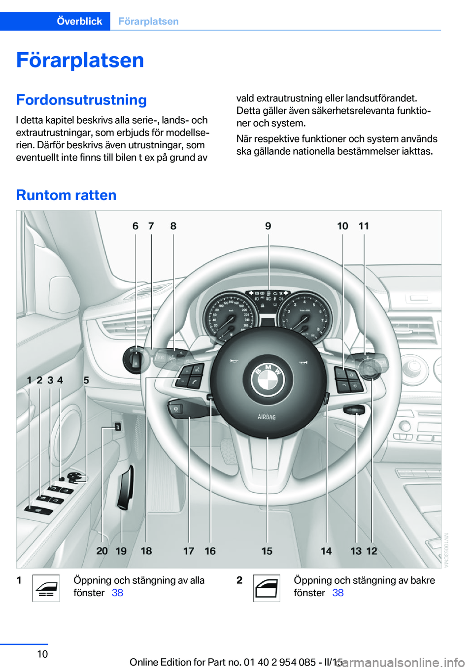 BMW Z4 2016  InstruktionsbÖcker (in Swedish) FörarplatsenFordonsutrustningI detta kapitel beskrivs alla serie-, lands- och
extrautrustningar, som erbjuds för modellse‐
rien. Därför beskrivs även utrustningar, som
eventuellt inte finns til