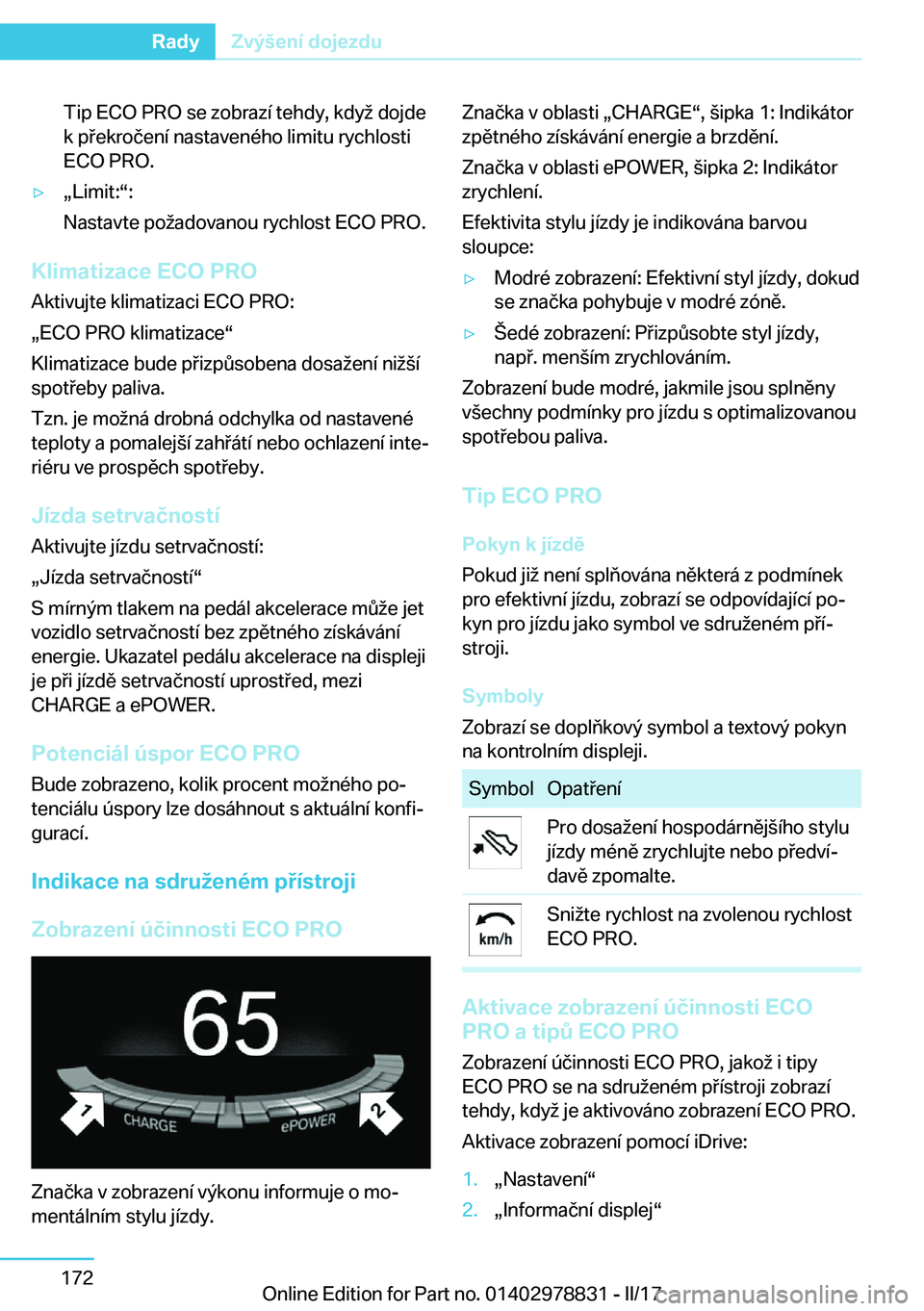 BMW I3 2017  Návod na použití (in Czech) �T�i�p� �E�C�O� �P�R�O� �s�e� �z�o�b�r�a�z�
