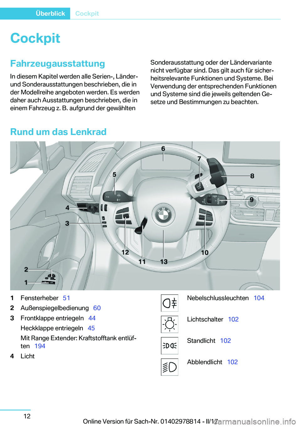 BMW I3 2017  Betriebsanleitungen (in German) �C�o�c�k�p�i�t�F�a�h�r�z�e�u�g�a�u�s�s�t�a�t�t�u�n�g
�I�n� �d�i�e�s�e�m� �K�a�p�i�t�e�l� �w�e�r�d�e�n� �a�l�l�e� �S�e�r�i�e�n�-�,� �L�