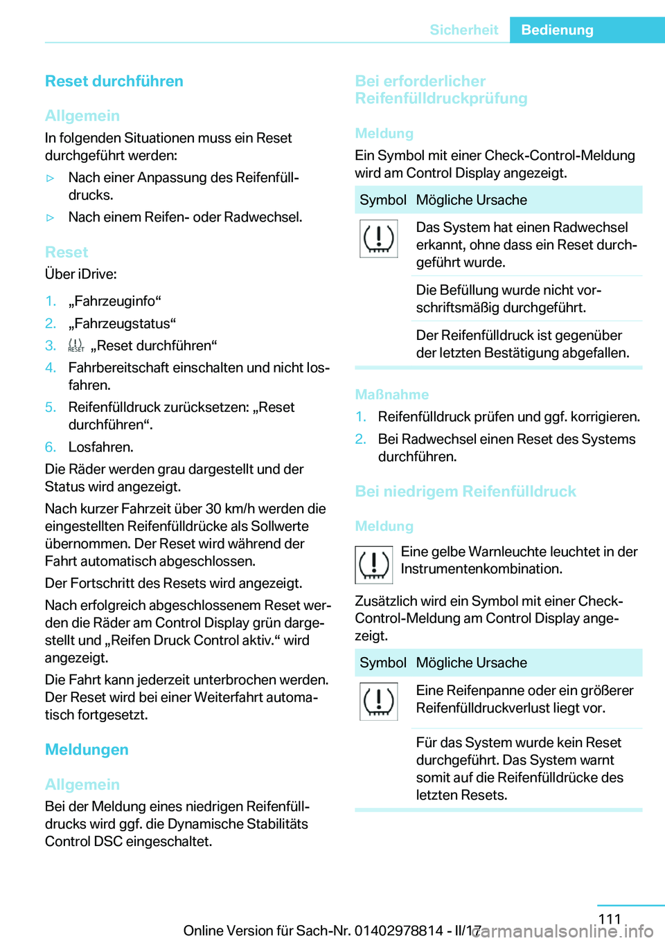 BMW I3 2017  Betriebsanleitungen (in German) �R�e�s�e�t��d�u�r�c�h�f�