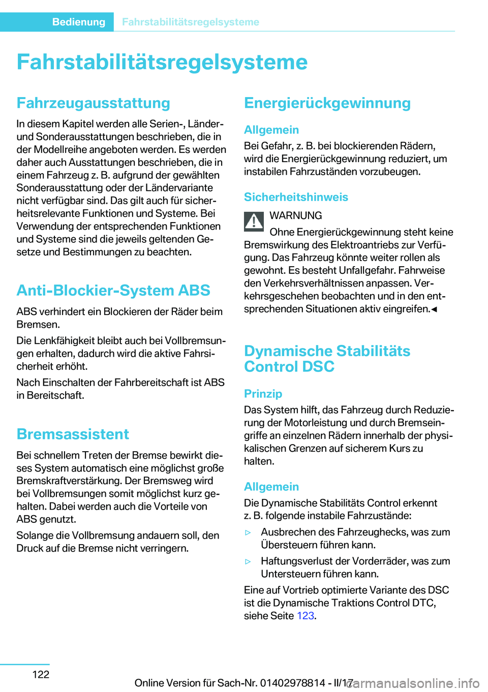 BMW I3 2017  Betriebsanleitungen (in German) �F�a�h�r�s�t�a�b�i�l�i�t�