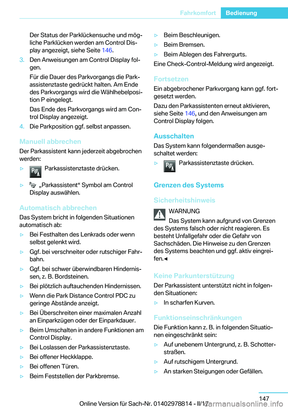 BMW I3 2017  Betriebsanleitungen (in German) �D�e�r� �S�t�a�t�u�s� �d�e�r� �P�a�r�k�l�