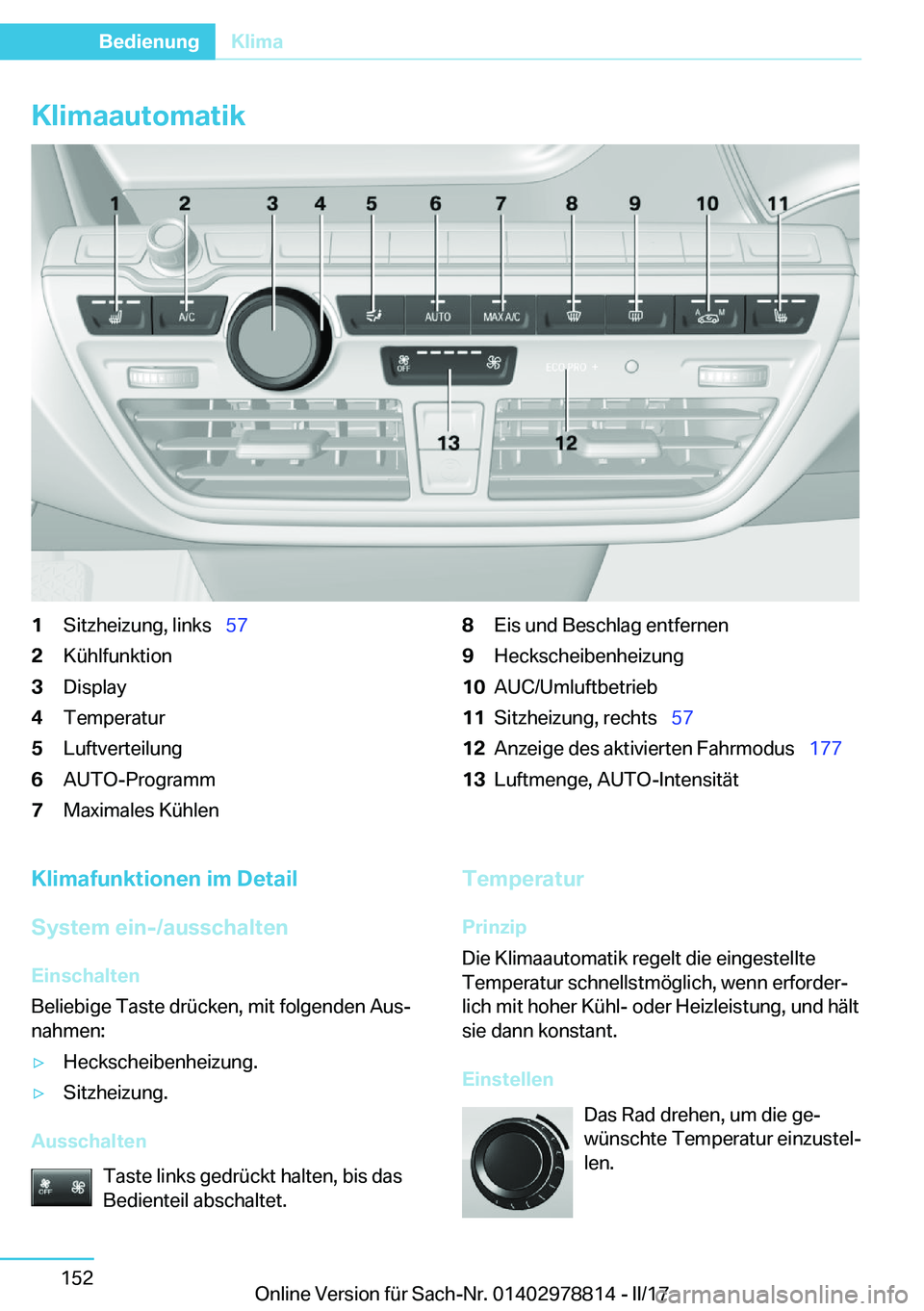 BMW I3 2017  Betriebsanleitungen (in German) �K�l�i�m�a�a�u�t�o�m�a�t�i�k�1�S�i�t�z�h�e�i�z�u�n�g�,� �l�i�n�k�s\_�5�7�2�K�