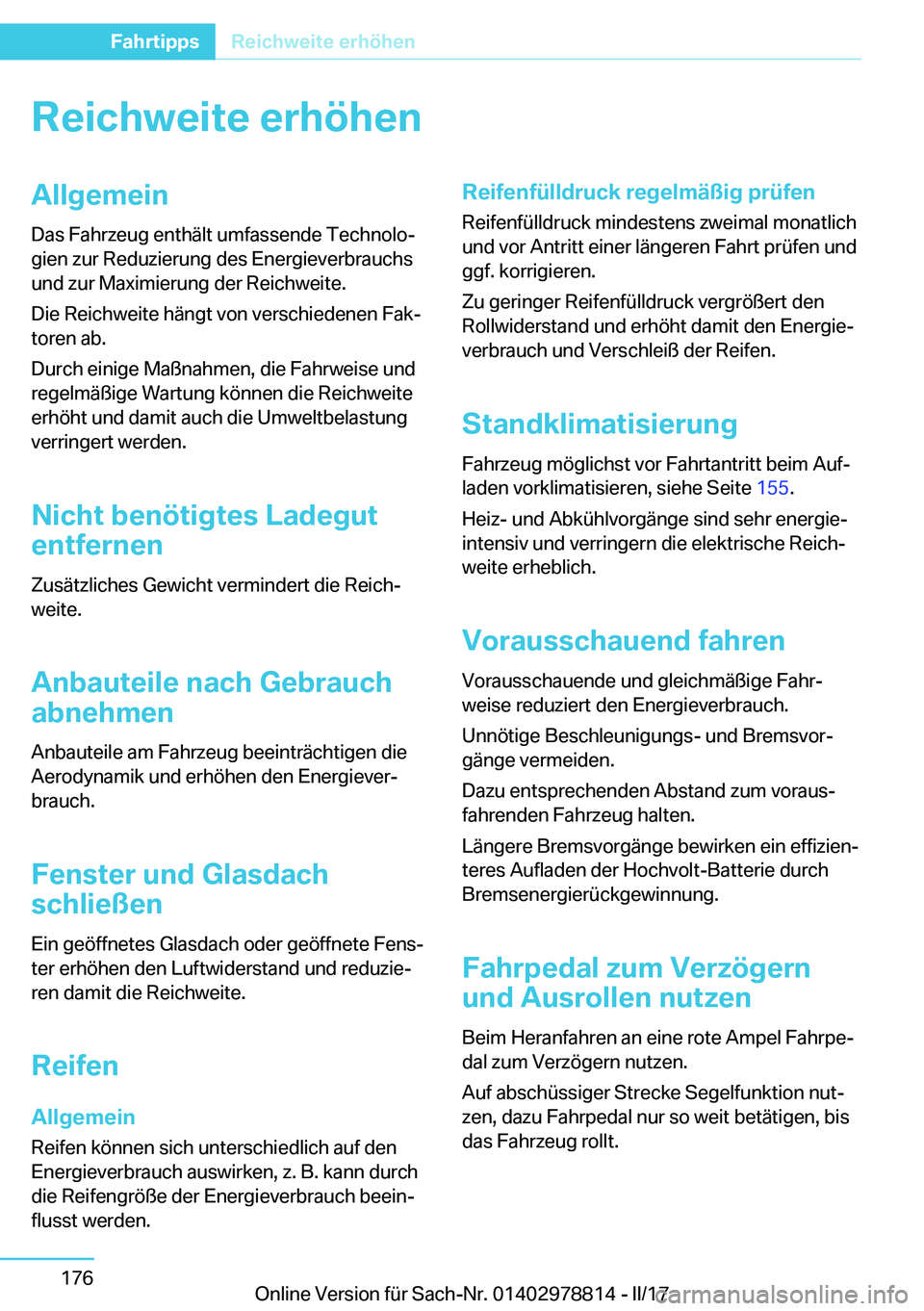 BMW I3 2017  Betriebsanleitungen (in German) �R�e�i�c�h�w�e�i�t�e��e�r�h�