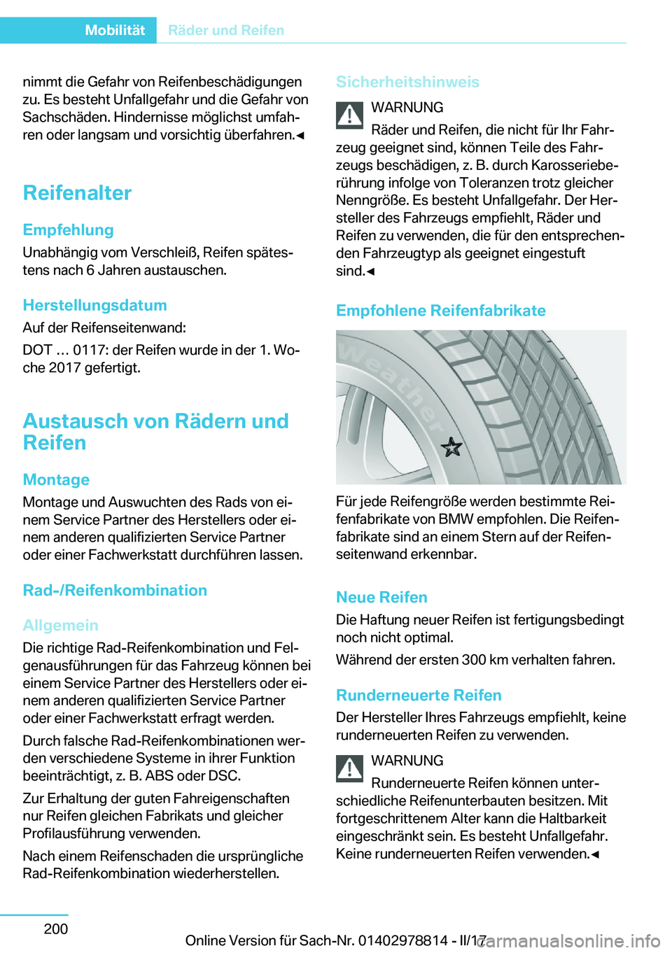 BMW I3 2017  Betriebsanleitungen (in German) �n�i�m�m�t� �d�i�e� �G�e�f�a�h�r� �v�o�n� �R�e�i�f�e�n�b�e�s�c�h�
