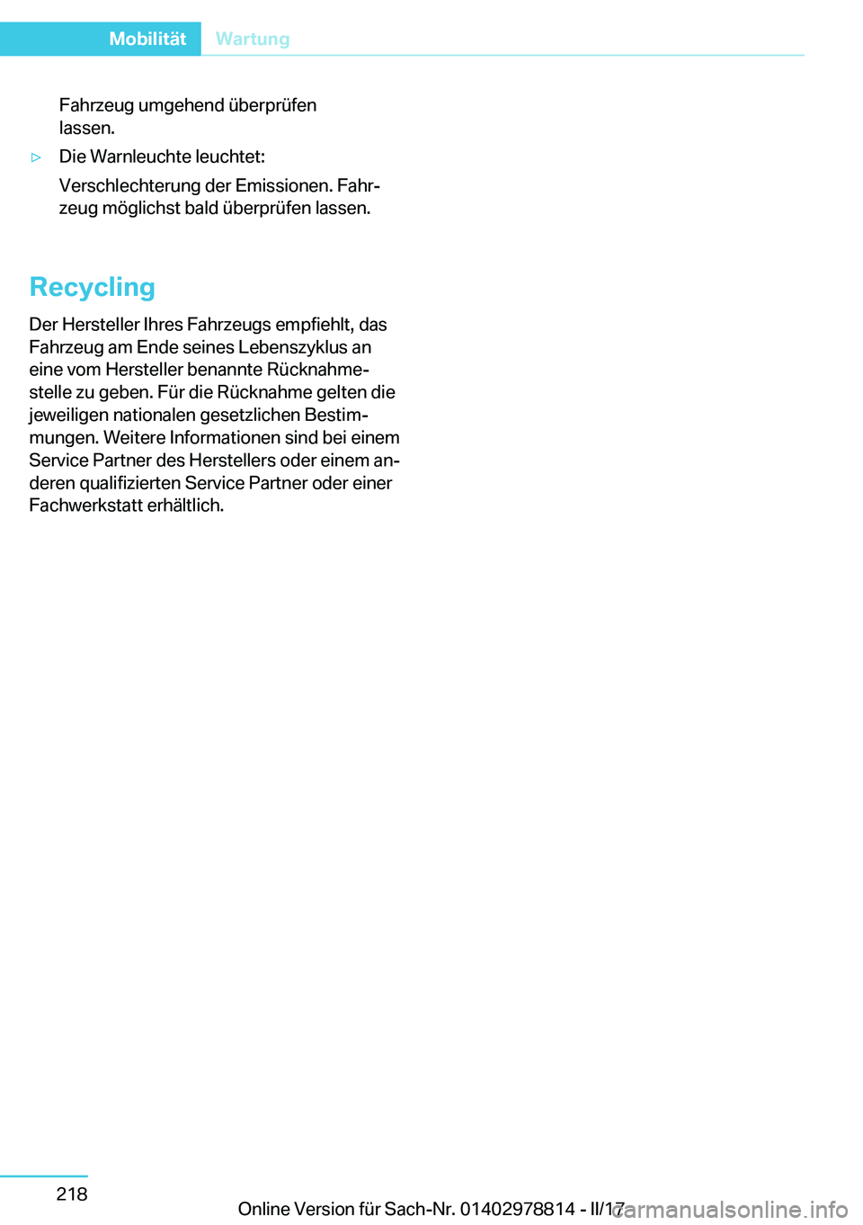 BMW I3 2017  Betriebsanleitungen (in German) �F�a�h�r�z�e�u�g� �u�m�g�e�h�e�n�d� �