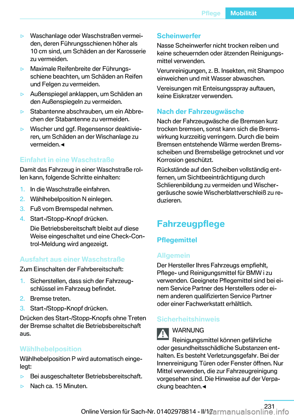 BMW I3 2017  Betriebsanleitungen (in German) y�W�a�s�c�h�a�n�l�a�g�e� �o�d�e�r� �W�a�s�c�h�s�t�r�a�