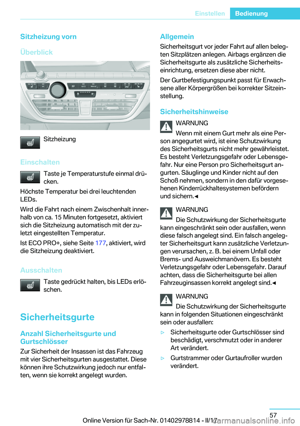 BMW I3 2017  Betriebsanleitungen (in German) �S�i�t�z�h�e�i�z�u�n�g��v�o�r�n
�