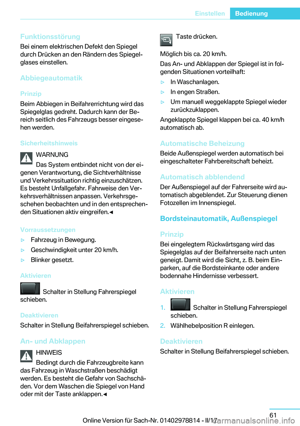 BMW I3 2017  Betriebsanleitungen (in German) �F�u�n�k�t�i�o�n�s�s�t�