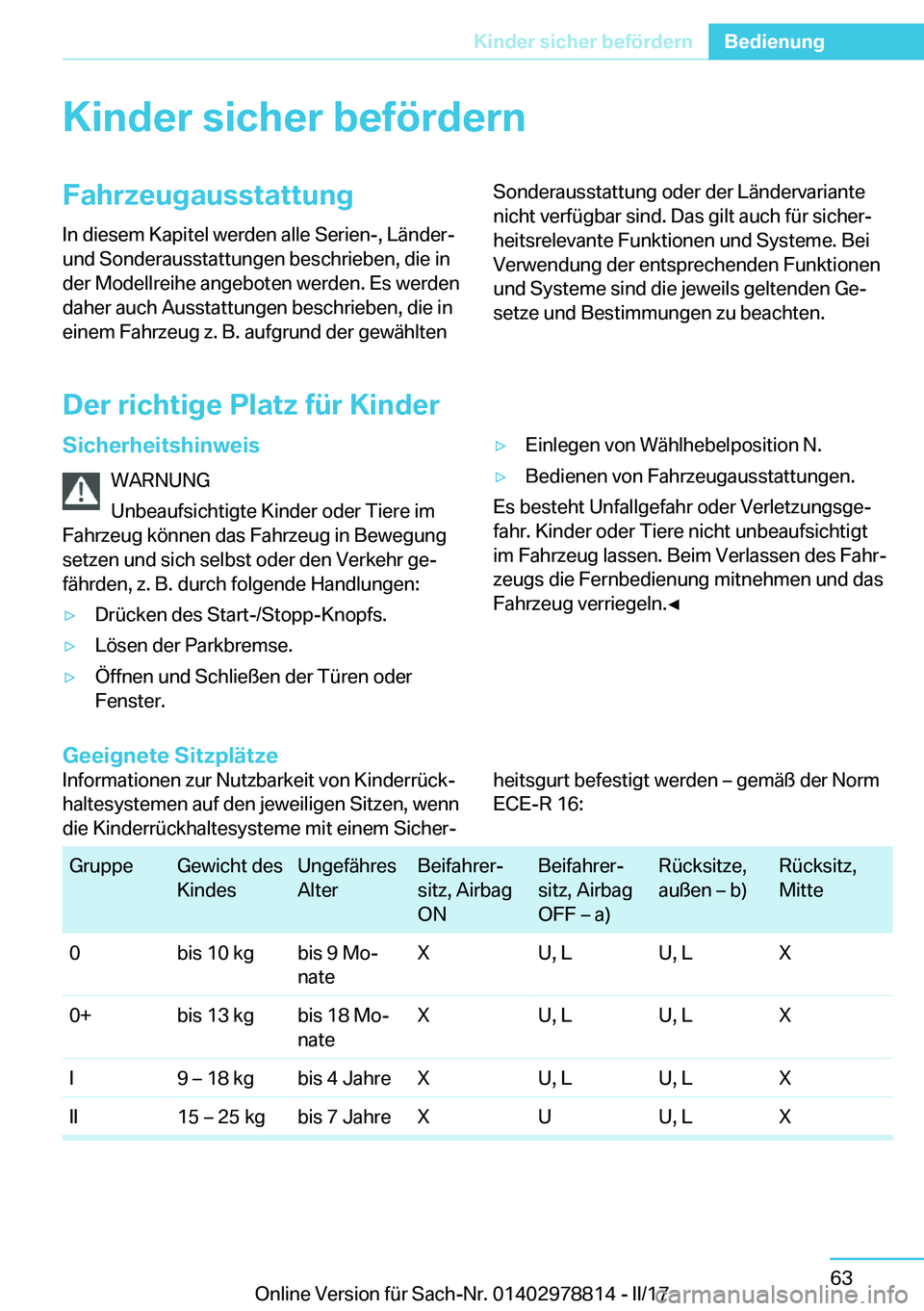 BMW I3 2017  Betriebsanleitungen (in German) �K�i�n�d�e�r��s�i�c�h�e�r��b�e�f�
