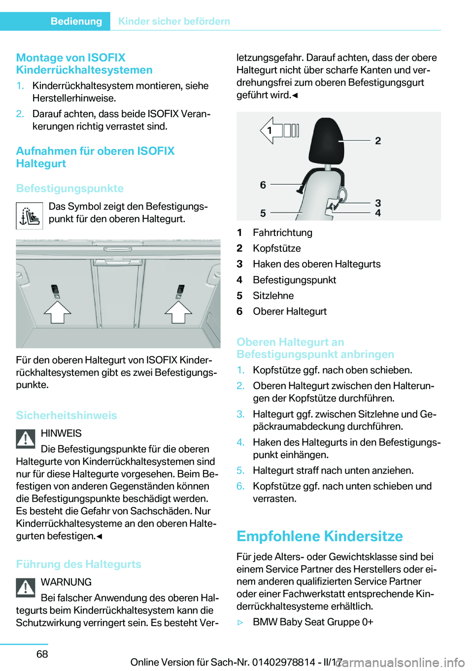 BMW I3 2017  Betriebsanleitungen (in German) �M�o�n�t�a�g�e��v�o�n��I�S�O�F�I�X
�K�i�n�d�e�r�r�