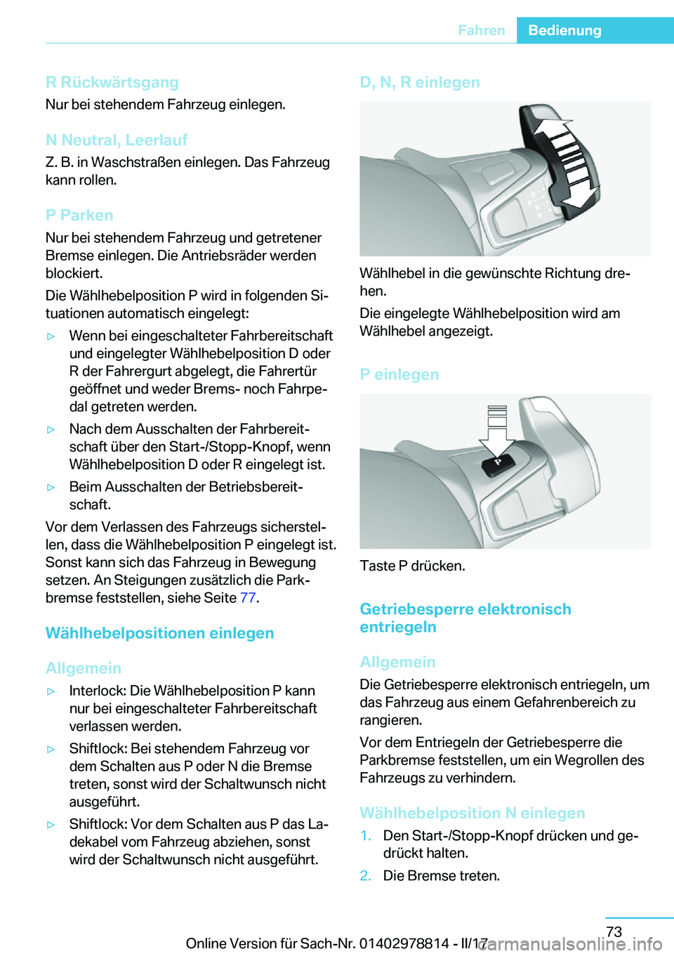 BMW I3 2017  Betriebsanleitungen (in German) �R��R�
