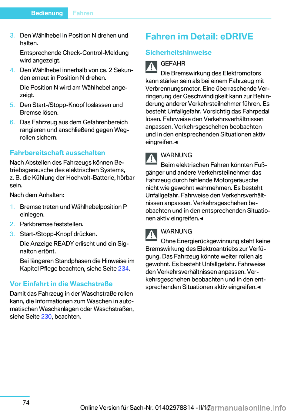 BMW I3 2017  Betriebsanleitungen (in German) �3�.�D�e�n� �W�