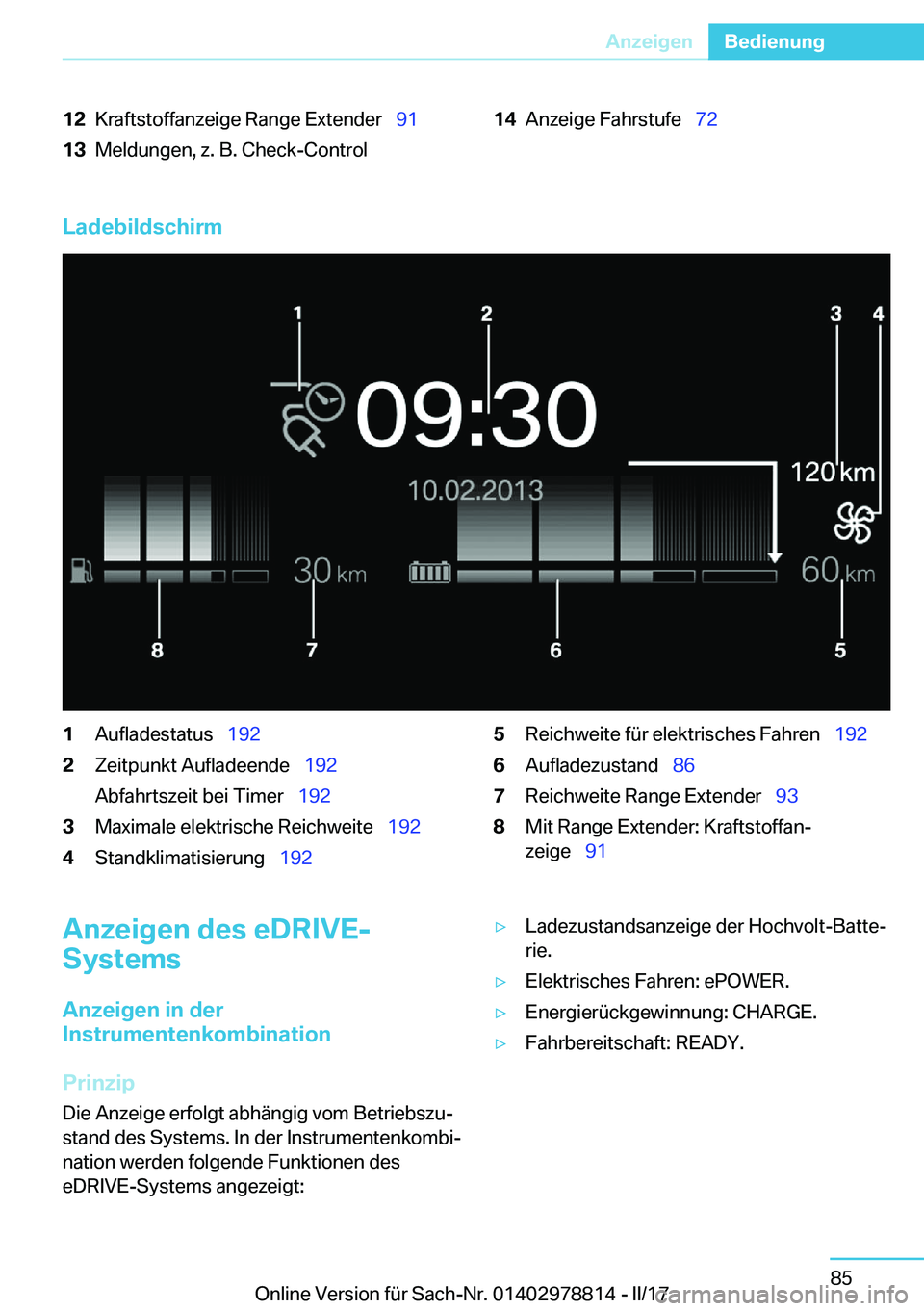BMW I3 2017  Betriebsanleitungen (in German) �1�2�K�r�a�f�t�s�t�o�f�f�a�n�z�e�i�g�e� �R�a�n�g�e� �E�x�t�e�n�d�e�r\_�9�1�1�3�M�e�l�d�u�n�g�e�n�,� �z�.� �B�.� �C�h�e�c�k�-�C�o�n�t�r�o�l�1�4�A�n�z�e�i�g�e� �F�a�h�r�s�t�u�f�e\_�7�2
�L�a�d�e�b�i�