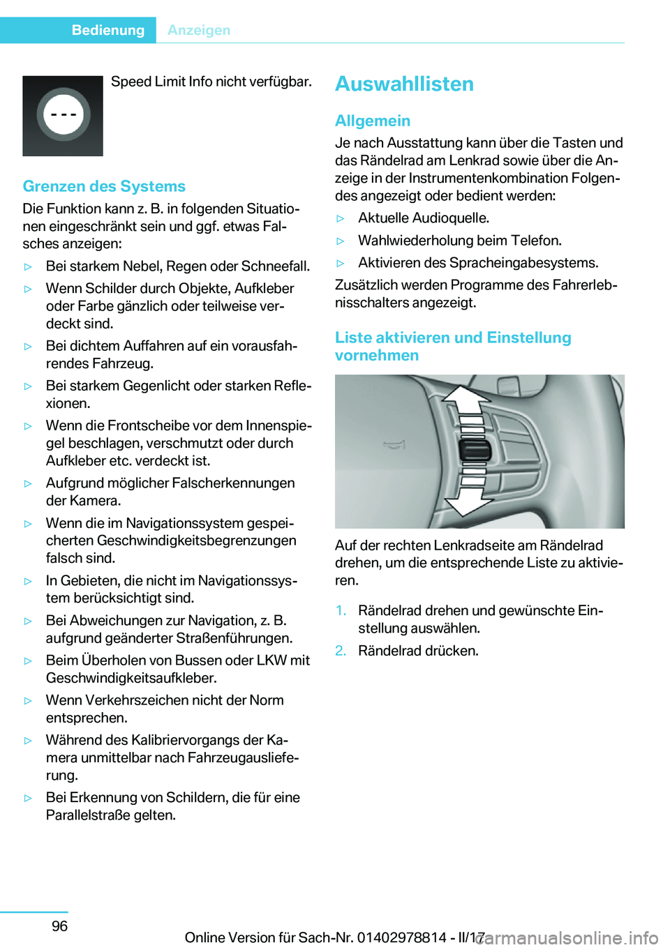 BMW I3 2017  Betriebsanleitungen (in German) �S�p�e�e�d� �L�i�m�i�t� �I�n�f�o� �n�i�c�h�t� �v�e�r�f�