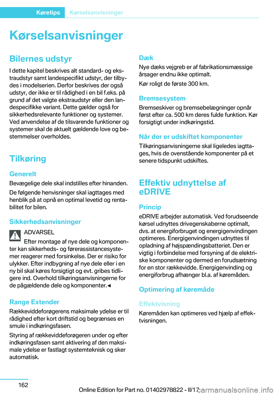 BMW I3 2017  InstruktionsbØger (in Danish) �K�