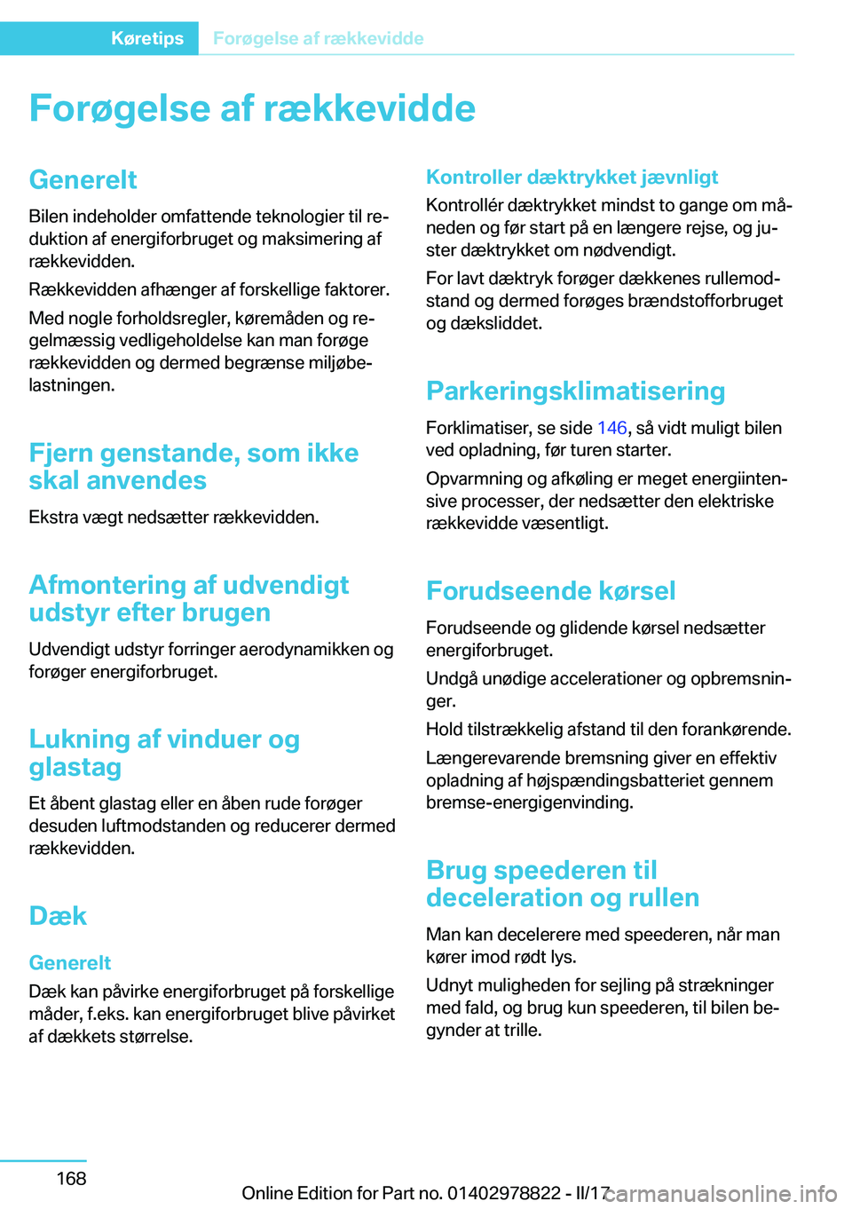 BMW I3 2017  InstruktionsbØger (in Danish) �F�o�r�