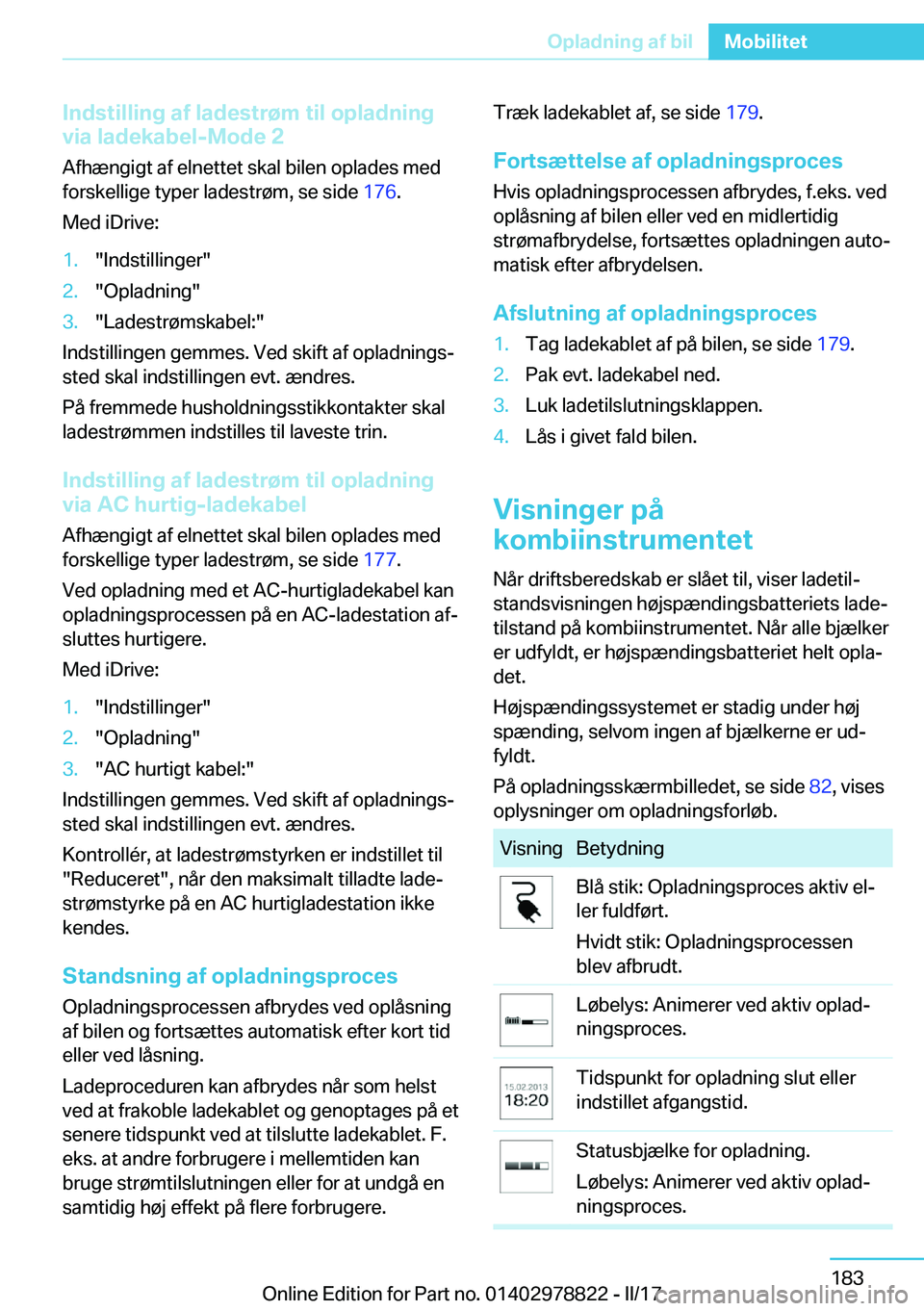 BMW I3 2017  InstruktionsbØger (in Danish) �I�n�d�s�t�i�l�l�i�n�g��a�f��l�a�d�e�s�t�r�