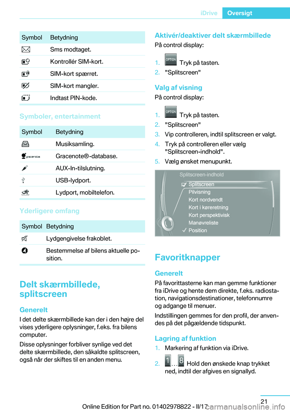 BMW I3 2017  InstruktionsbØger (in Danish) �S�y�m�b�o�l�B�e�t�y�d�n�i�n�g� �S�m�s� �m�o�d�t�a�g�e�t�.� �K�o�n�t�r�o�l�l�