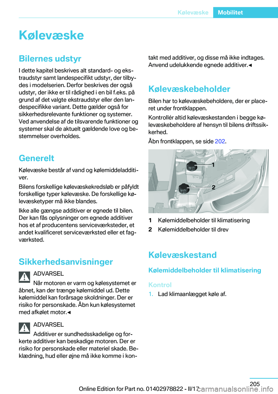 BMW I3 2017  InstruktionsbØger (in Danish) �K�