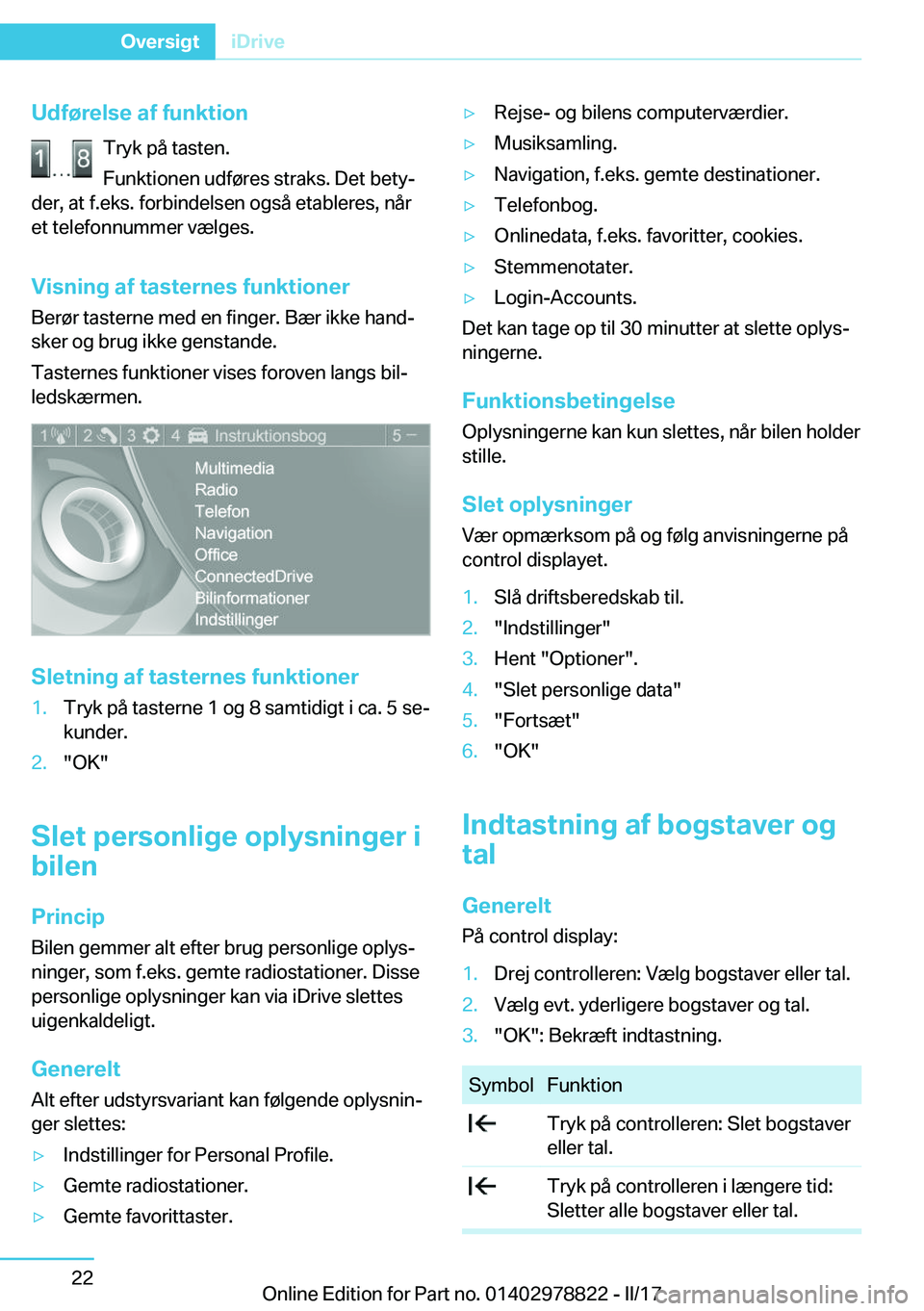 BMW I3 2017  InstruktionsbØger (in Danish) �U�d�f�