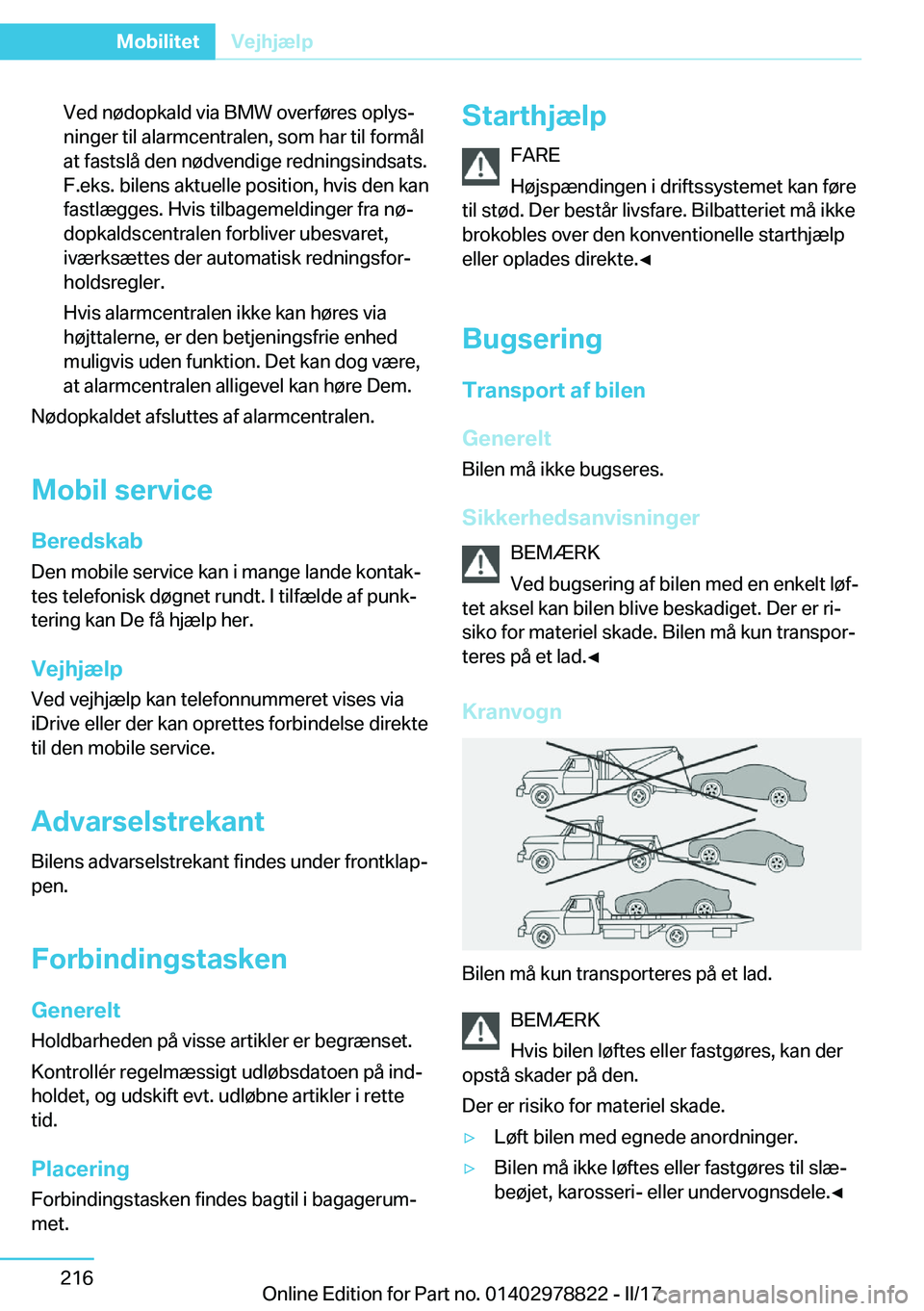 BMW I3 2017  InstruktionsbØger (in Danish) �V�e�d� �n�