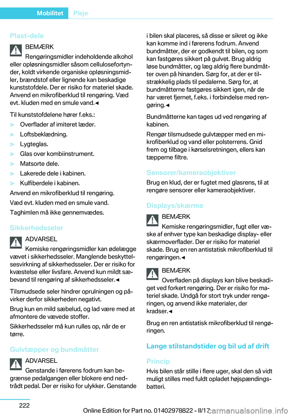 BMW I3 2017  InstruktionsbØger (in Danish) �P�l�a�s�t�-�d�e�l�e�B�E�M�Æ�R�K
�R�e�n�g�